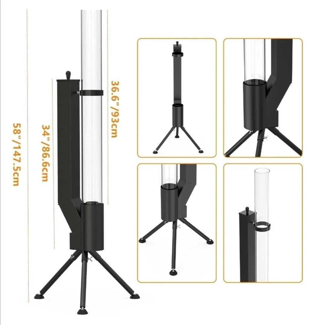 Vertical black cast iron wood burning rocket furnace for courtyard heating