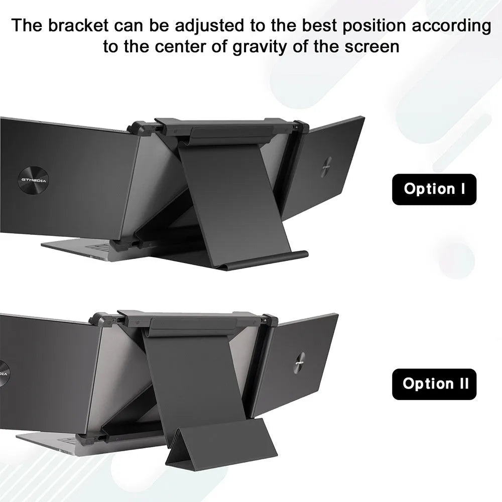 Portable black external monitor screen with cables for mobile phone and laptop connection.
