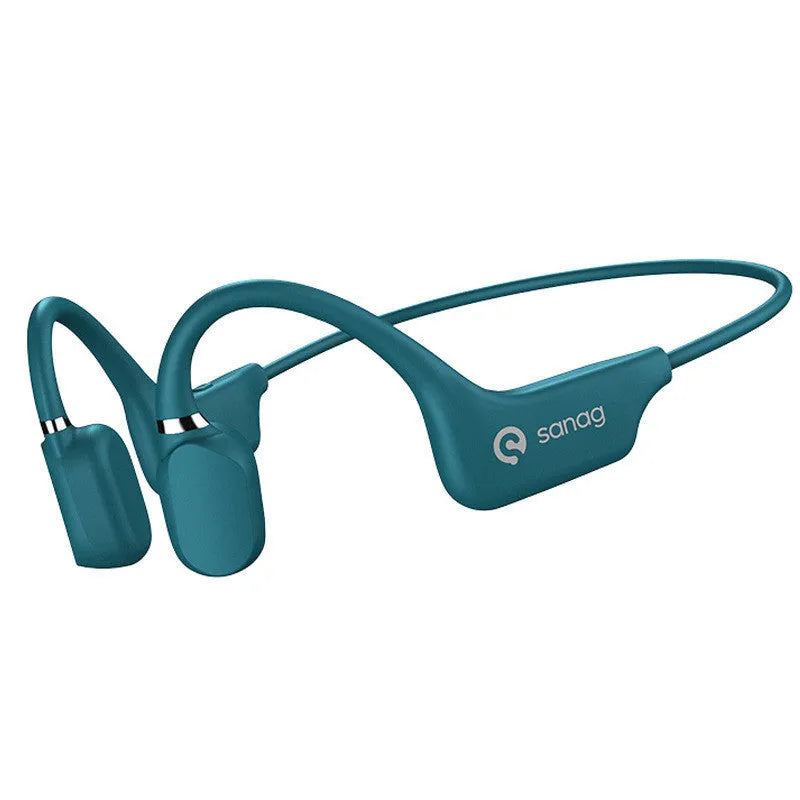 Bone conduction Bluetooth sports headphones with a neckband, shown in multiple colours including red and blue.