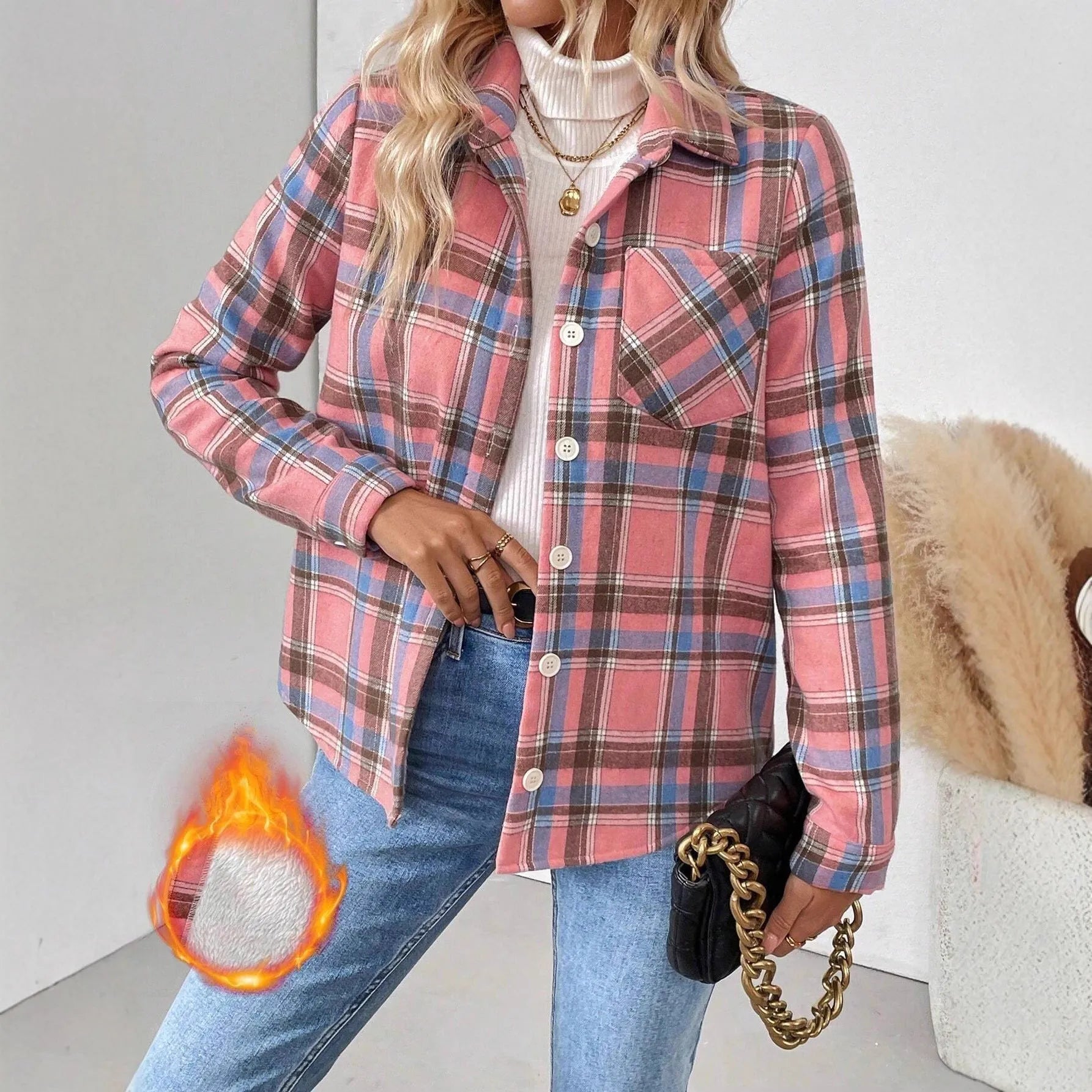 Woolen woven plaid button shirt collar jacket top in brown, with pockets, medium thickness polyester fabric, casual style