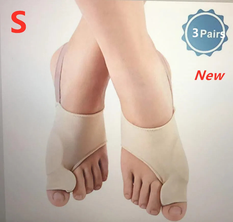 Pair of stretchable corrective socks with a visible gel bunion pad and silicone toe separator.