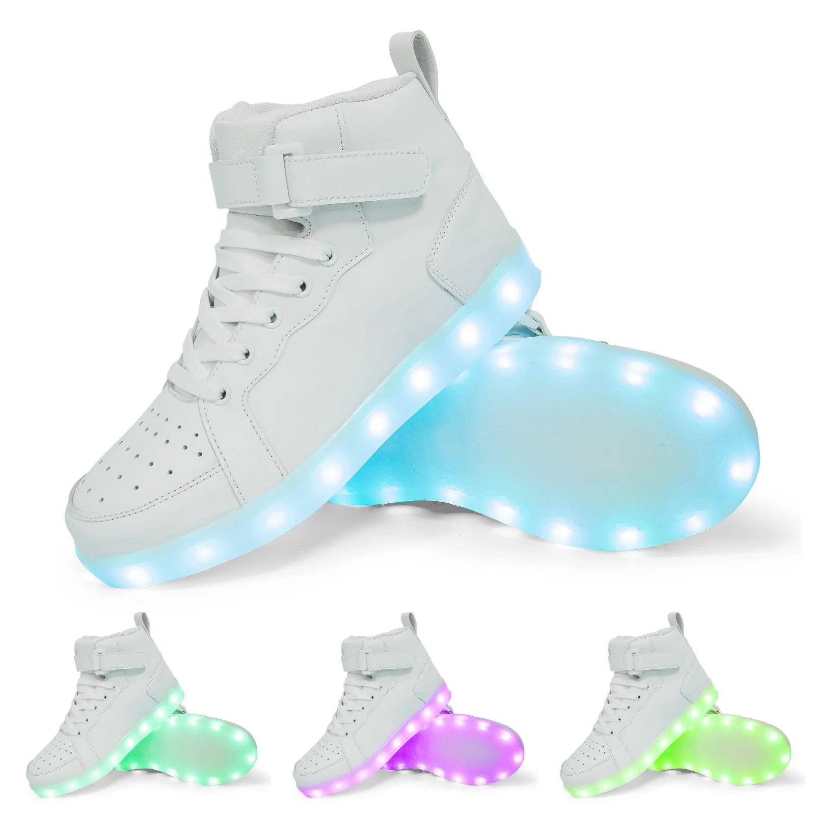 LED high-top board shoes with light-up features and Velcro fastening