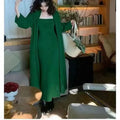 Women's grey knitted cardigan dress and coat two-piece suit set with flocking detail