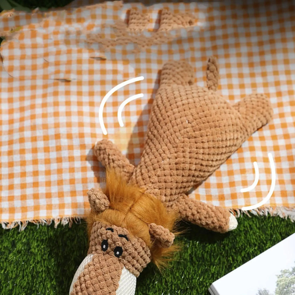 Colourful plush dog toy in animal shape with corn kernel texture and squeaker.