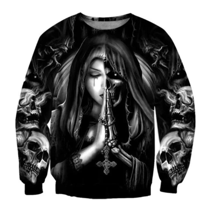 Halloween-themed casual hooded sweatshirt with a 3D anime skull design on the front.