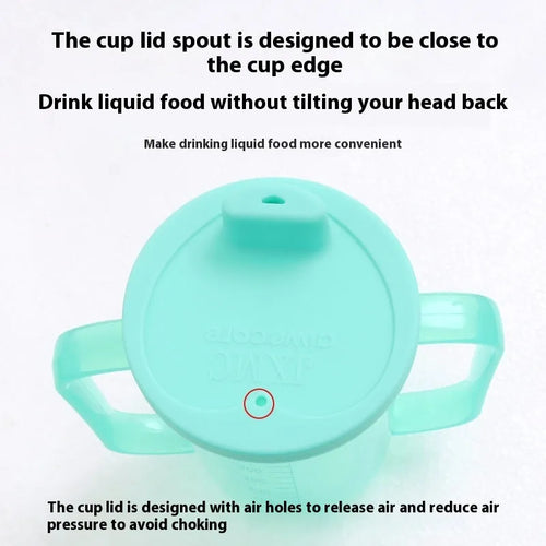 Adult bed drinking cup with oblique anti-choke mouth design and optional wrist splint attachment
