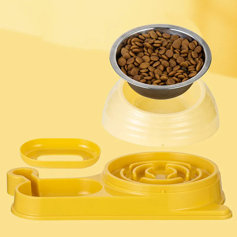 Elevated cat food bowl with water dispenser bottle in green colour