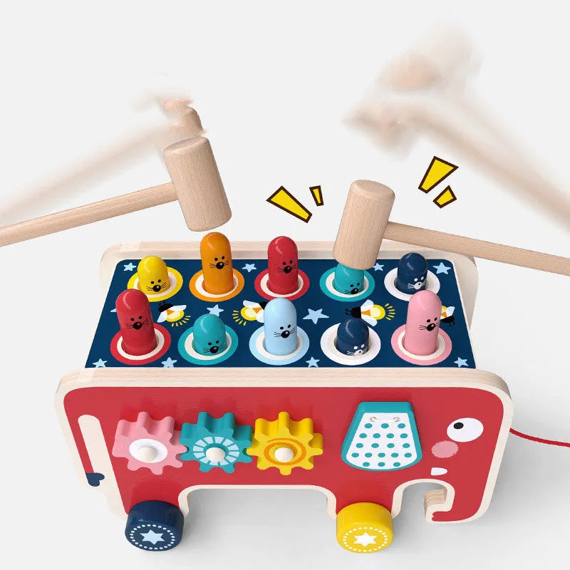 Montessori wooden pounding bench with red hammer and cute hamster toy for toddlers