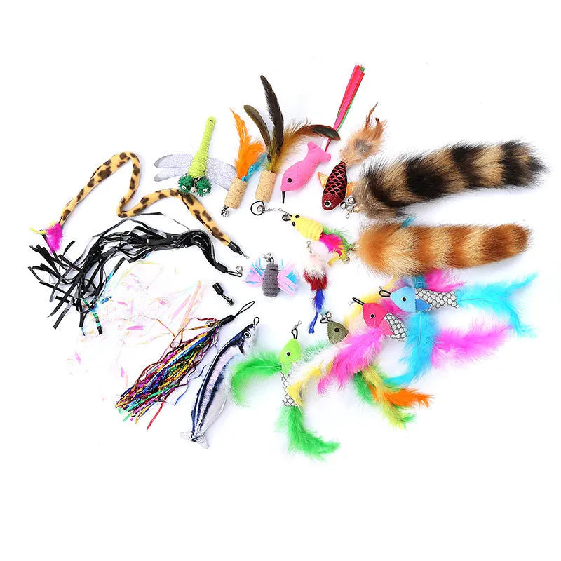 Cat teasing fishing rod set showing two extendable poles and ten feather replacement heads