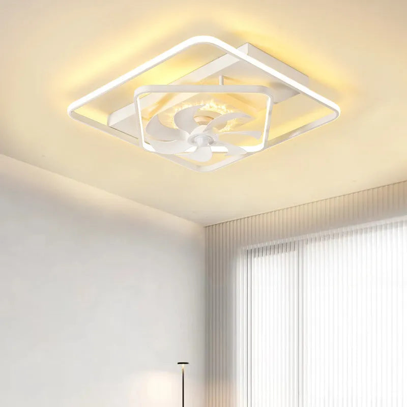 Thin suction ceiling fan with light showing plastic blades and acrylic lampshade in modern simple design