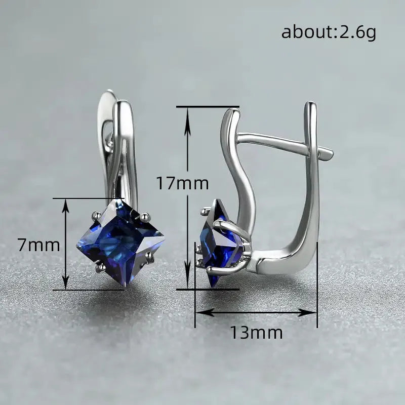 Women's copper earrings with diamond design and inlaid blue zircon stones