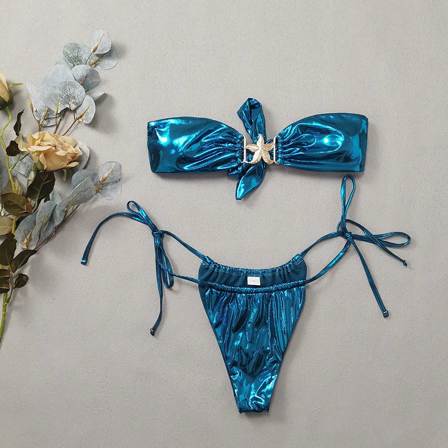 Glossy fabric tube top split bikini with gold starfish decoration in blue or pink colours