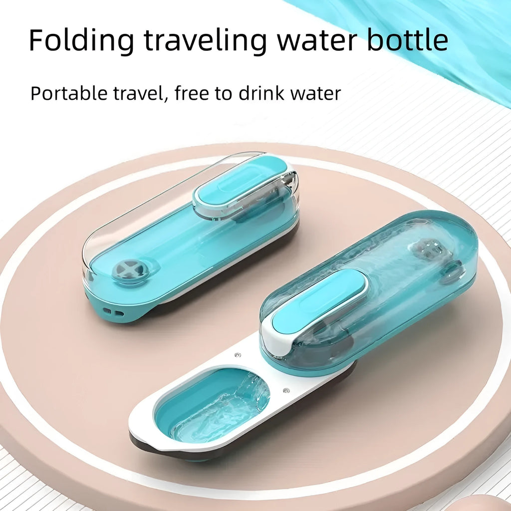 Blue portable dog water bottle with a grey silicone folding drinking bowl attached, for outdoor use.