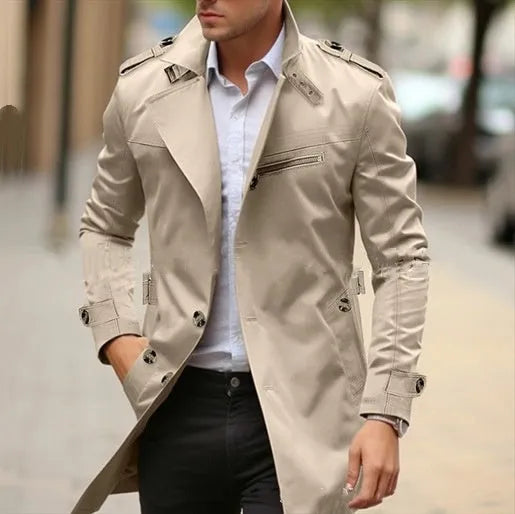 Plus size men's mid-length lapel jacket in army green with side seam pockets.