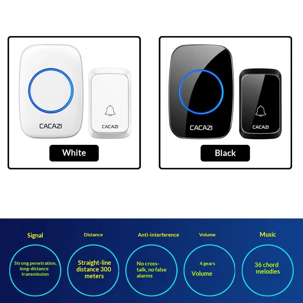 Wireless battery-powered DC doorbell with black transmitter and receiver for outdoor use 300 metre range