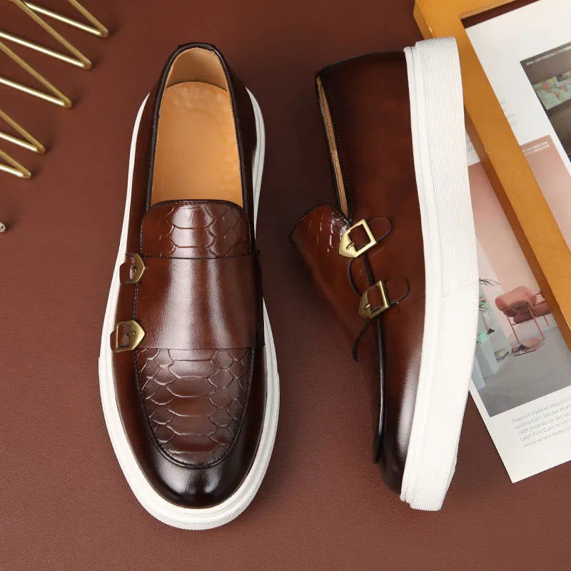 Men's casual embossed leather stitching shoes with flat heel, round toe, black and brown colour, sizes 38-46