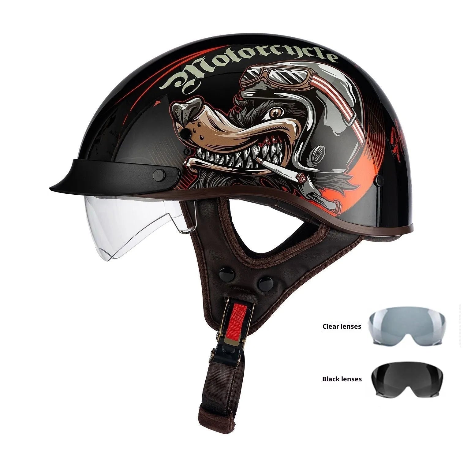 Retro electric motorcycle helmet in bright black with whiskers design on side and front vents