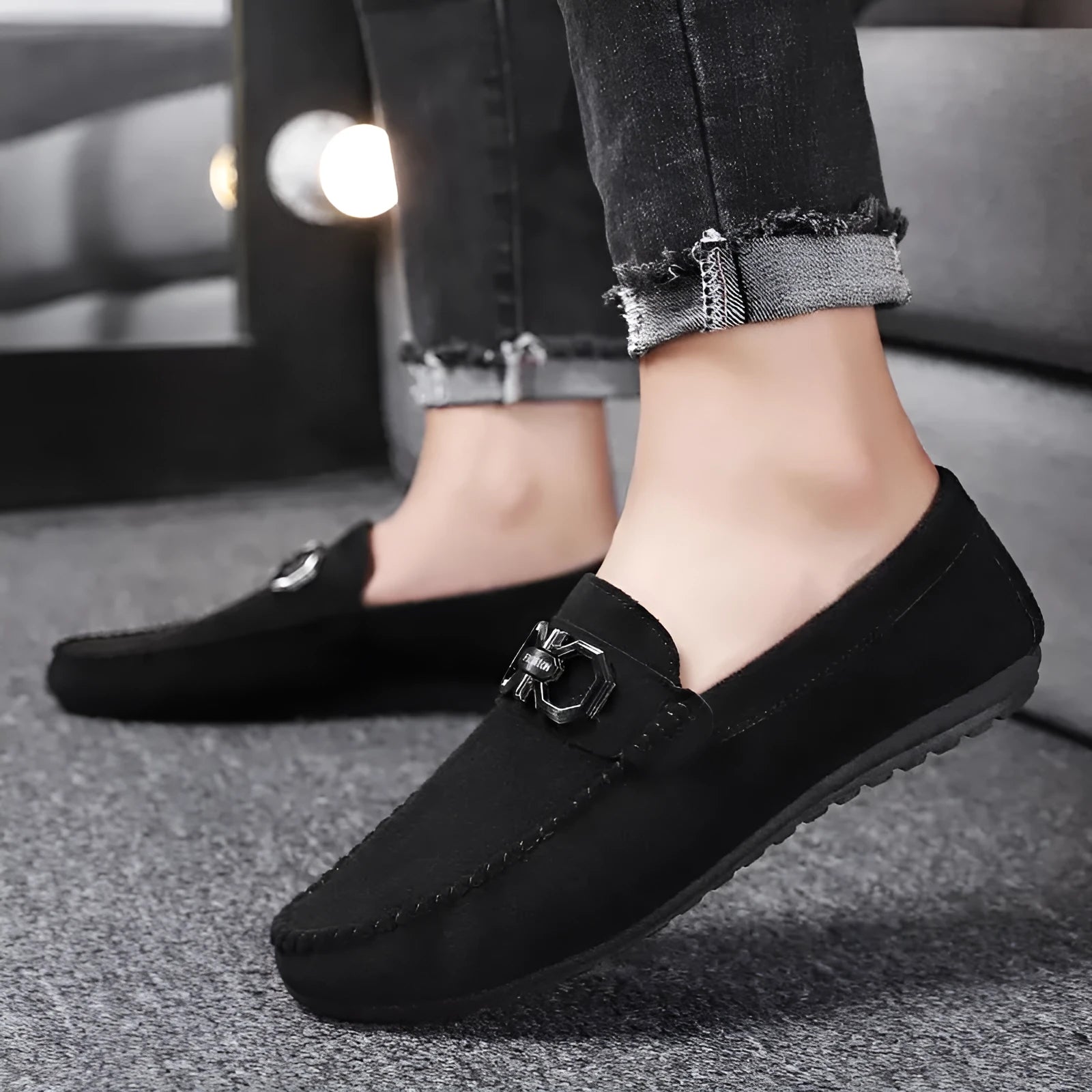 Men's black and grey suede and leather casual shoes with rubber soles for summer