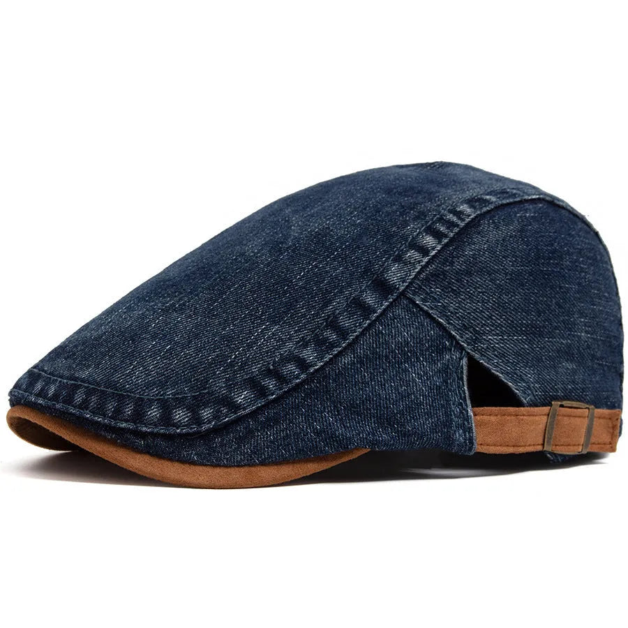 Retro men's casual cotton beret in blue with dome crown and adjustable fit