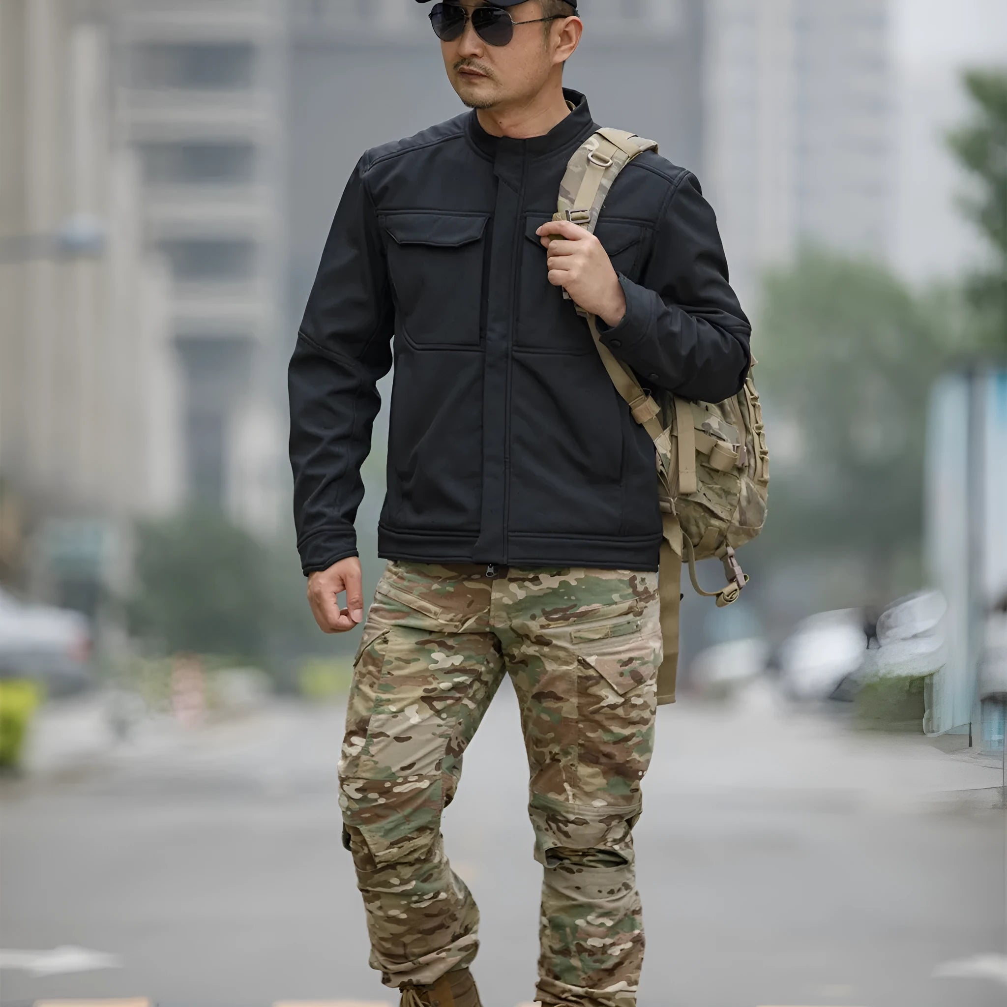 Bone Frog Peak Breaker soft shell mountaineering jacket in black camouflage