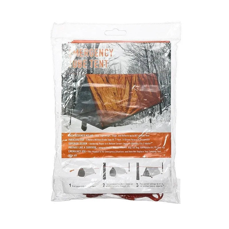 Orange emergency tent kit with sleeping bag, raincoat and whistle for disaster relief
