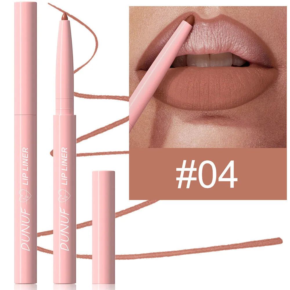 A single velvet matte lip liner pencil shown with a swatch of its colour, representing one of 12 available shades.