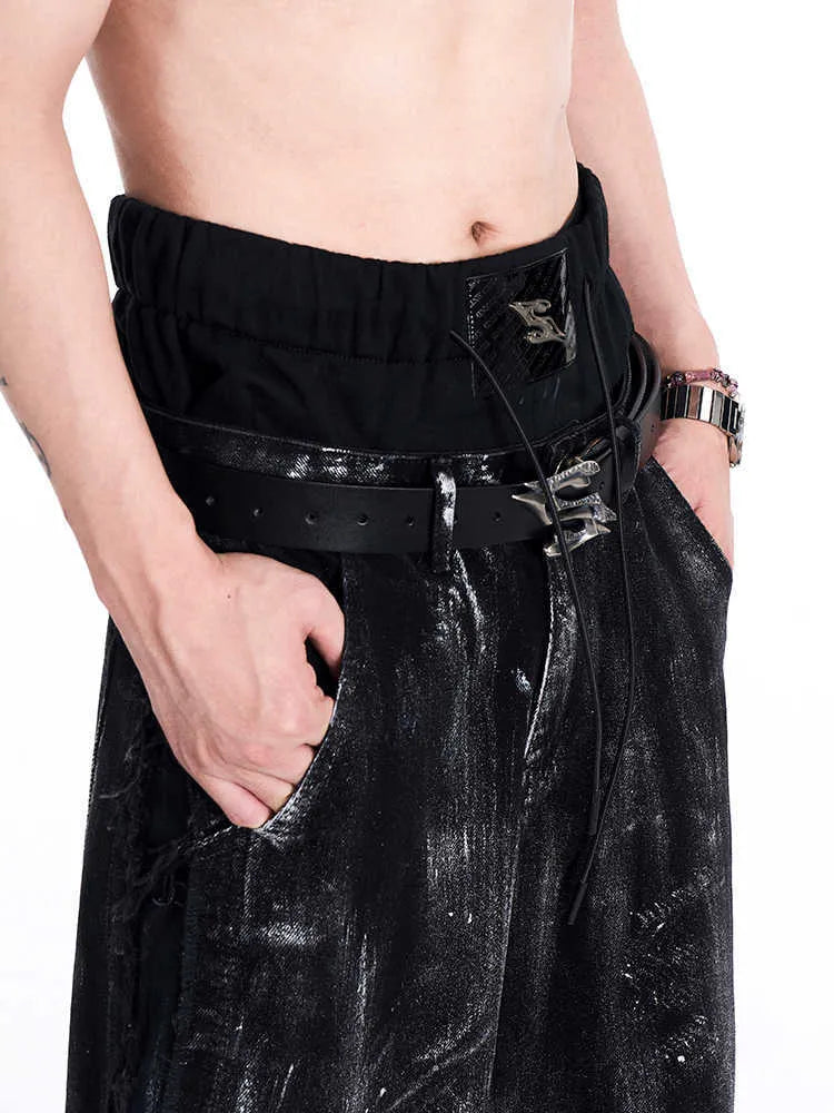 Men's black leather belt with metal letter buckle showing 110cm length