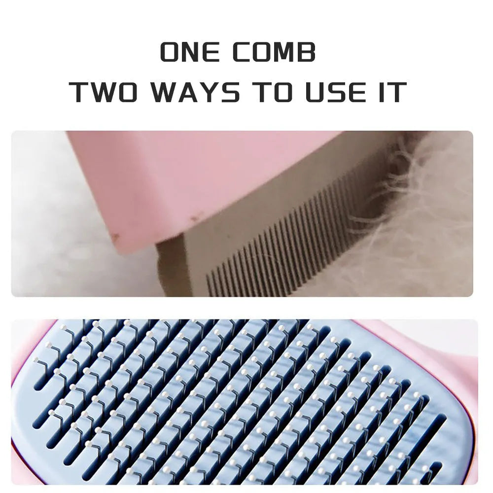 Blue double-sided pet grooming brush with deshedding rake and dematting comb on a wooden surface.