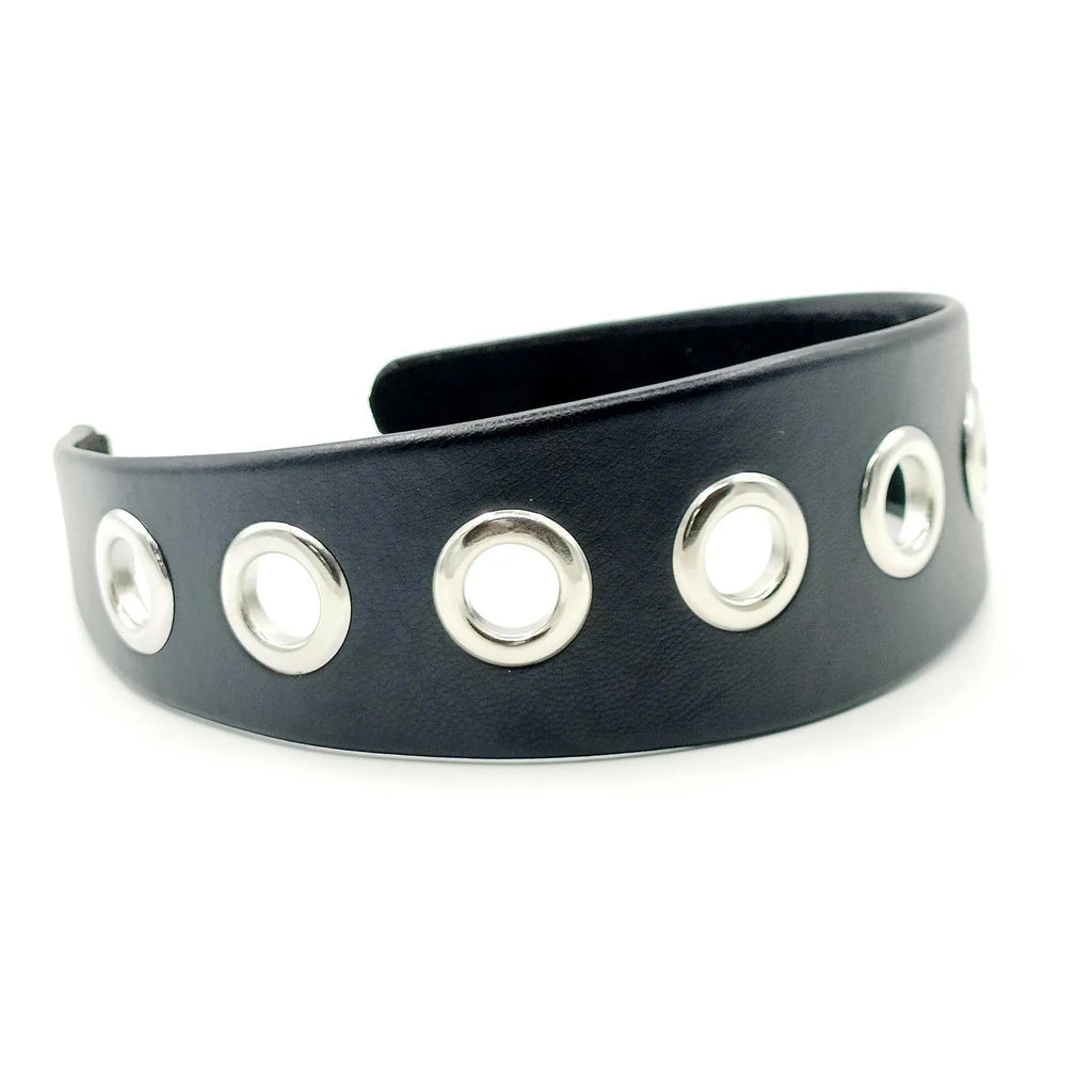 Black wide handmade artificial leather headband with round and square rivets