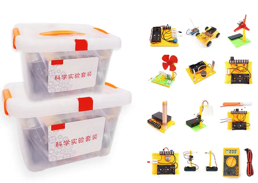 Handmade DIY electronic science experiment set with plastic solar fan and motor parts for students aged 7-14