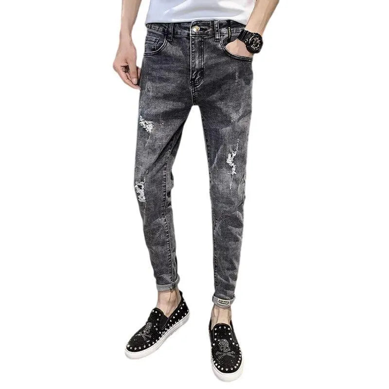 New Youth men's high-waist cotton denim trousers with high elasticity and button front, available in multiple sizes