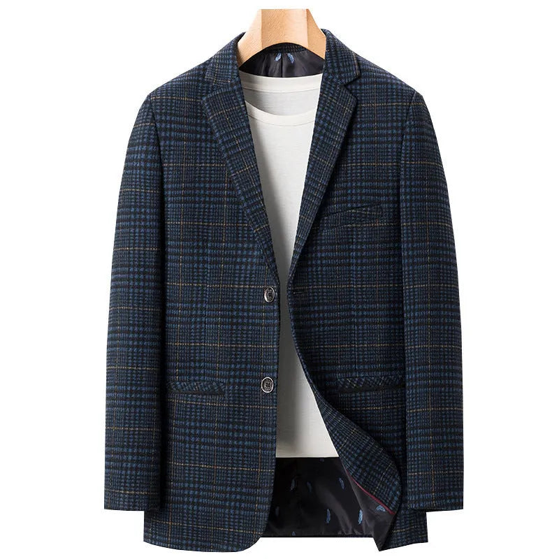 Men's plaid casual suit jacket in khaki colour, light business style made from polyester fibre