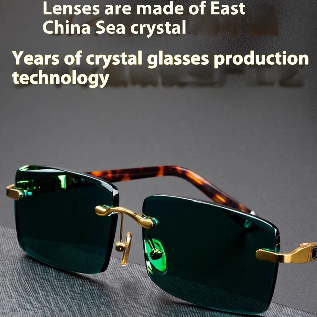 Dark green frameless crystal sunglasses with case and cleaning cloth