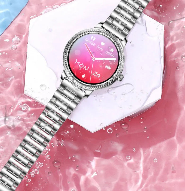 AK38 ladies smart watch with stainless steel wristband and 1.09-inch display