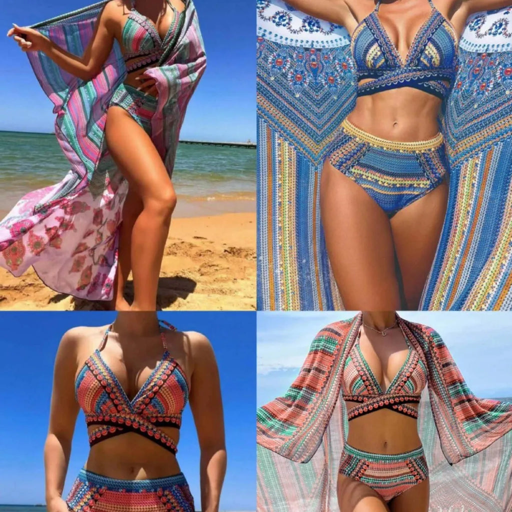 Blue red cross bandage high waist bikini swimsuit three-piece set for women on mannequin