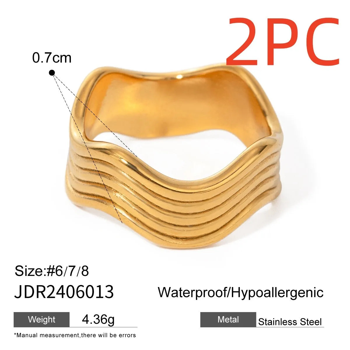 Close-up of a stainless steel ring with a wide geometric wave pattern and electroplated metallic finish.
