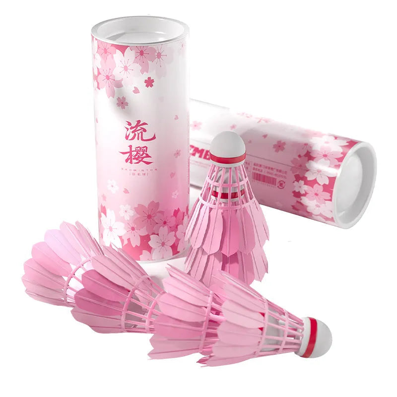 Pink goose feather badminton shuttlecocks in 6 pack on court background