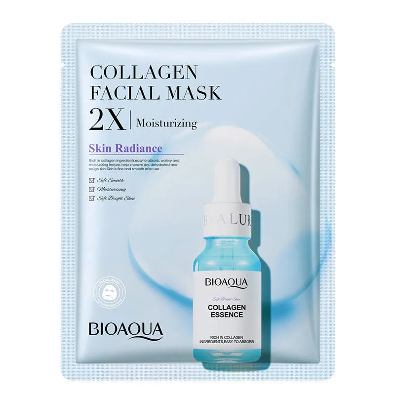 Collagen and Hyaluronic Acid facial sheet mask set with 30g gel formula on white background