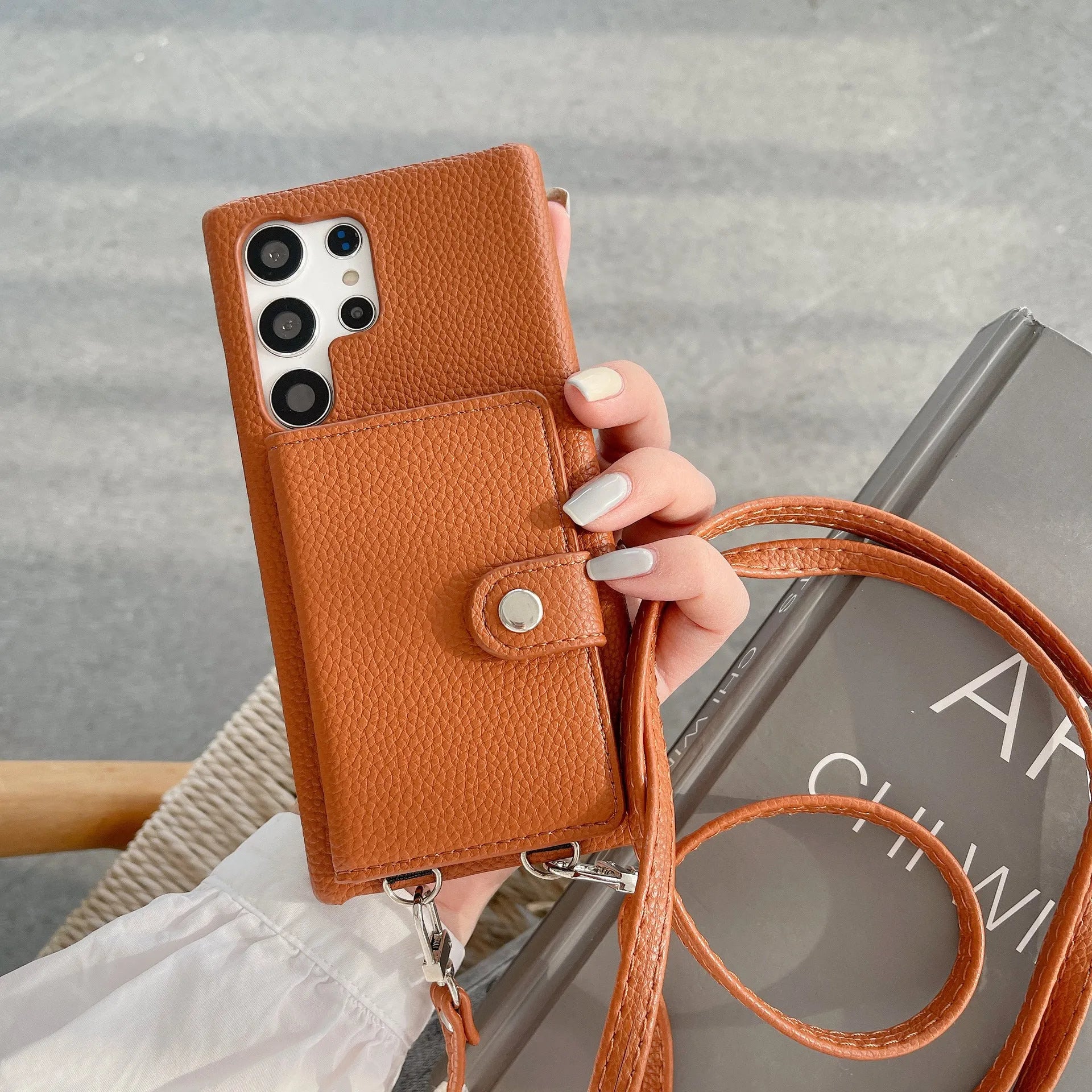 Samsung S23Ultra crossbody phone case with lychee pattern PC leather and card slot in black colour