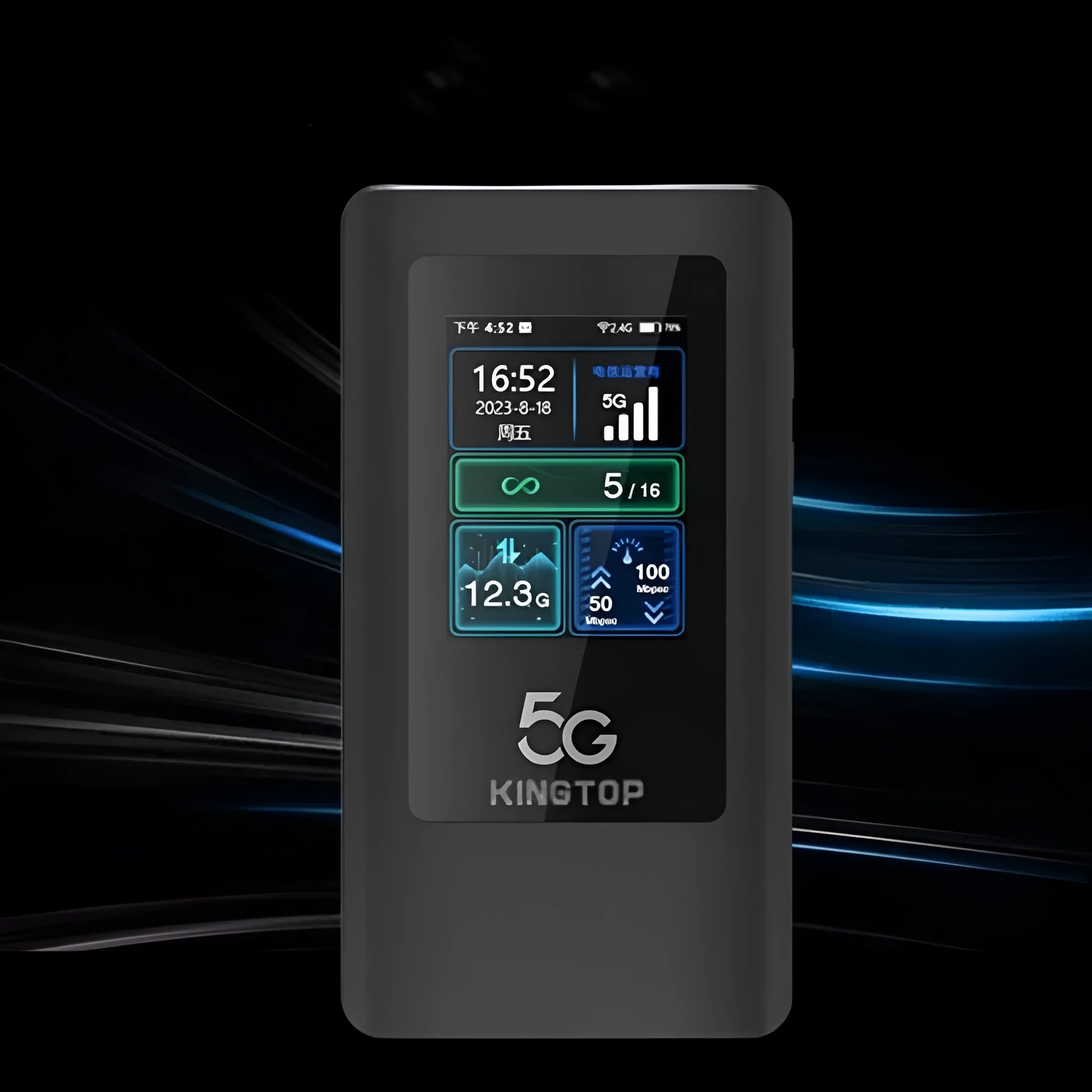 Black 5G portable Wi-Fi router with LCD display showing 4400mAh battery and TYPE-C port