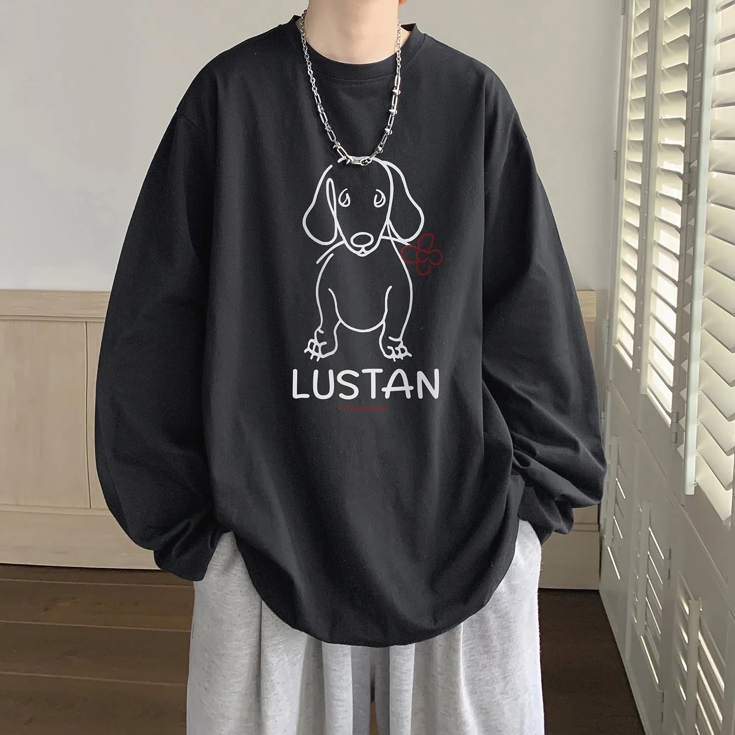 Cartoon puppy printed long sleeve cotton T-shirt in loose fit, available in multiple colours and sizes M to 5XL