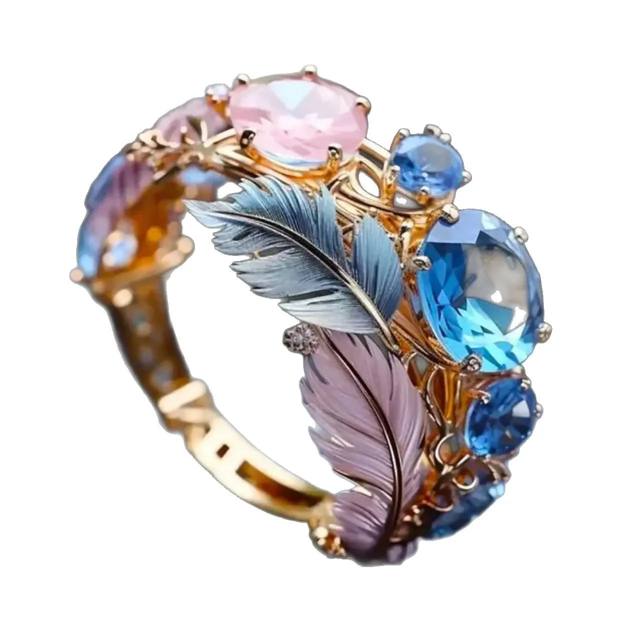 Gold colour brass feather ring with geometric design and zircon inlay, shown in embossed texture