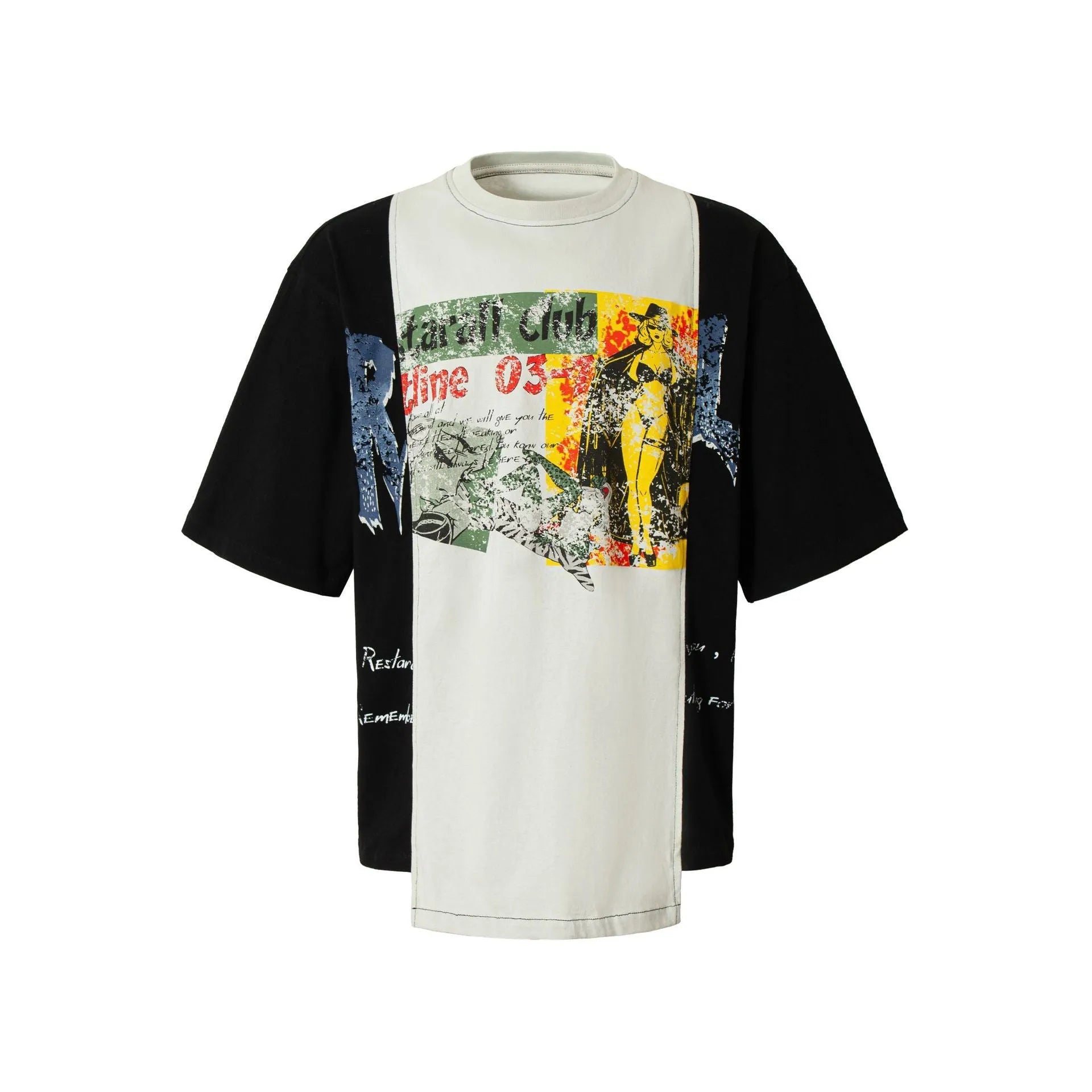 Black and white deconstruction printed cotton blend t-shirt with loose fit and short sleeves