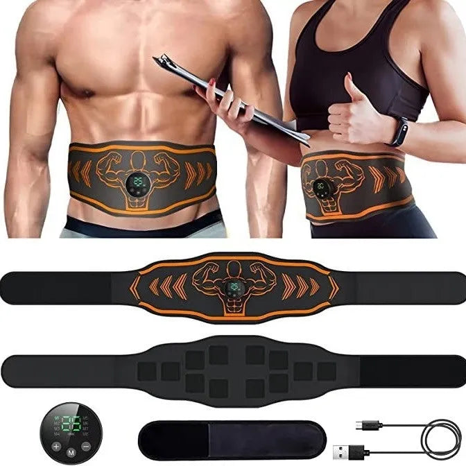 Rechargeable EMS smart massage belt and host unit in blue or orange with arm stickers