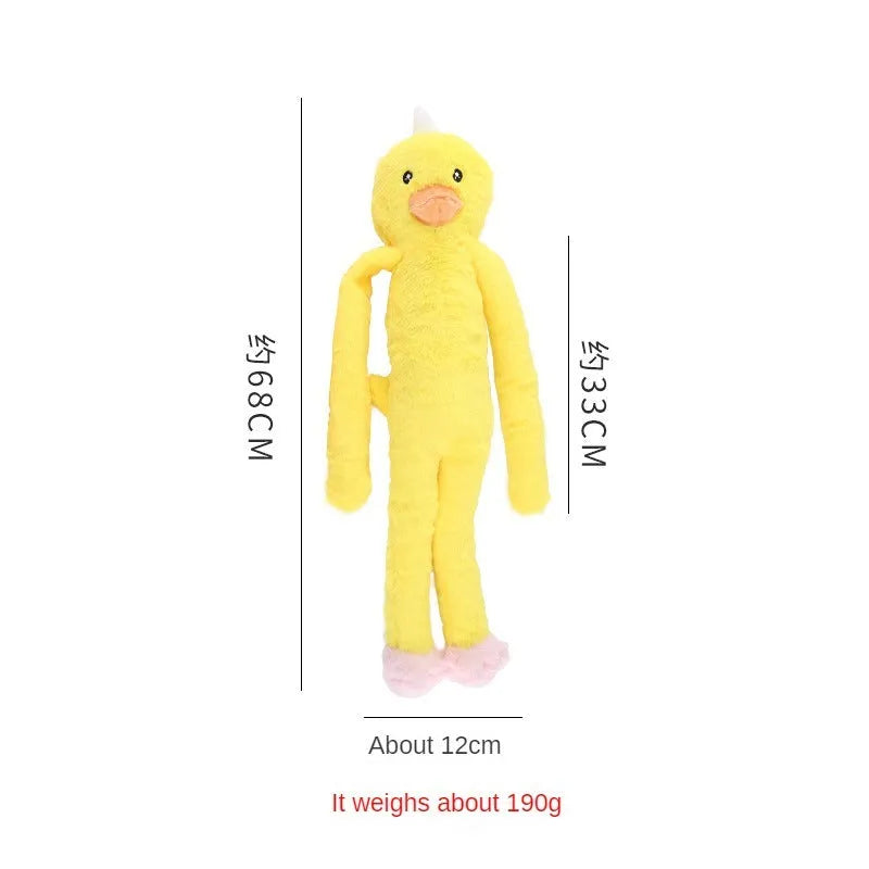 Large pink and yellow plush dog toy with paper texture for golden retriever chewing and dental care