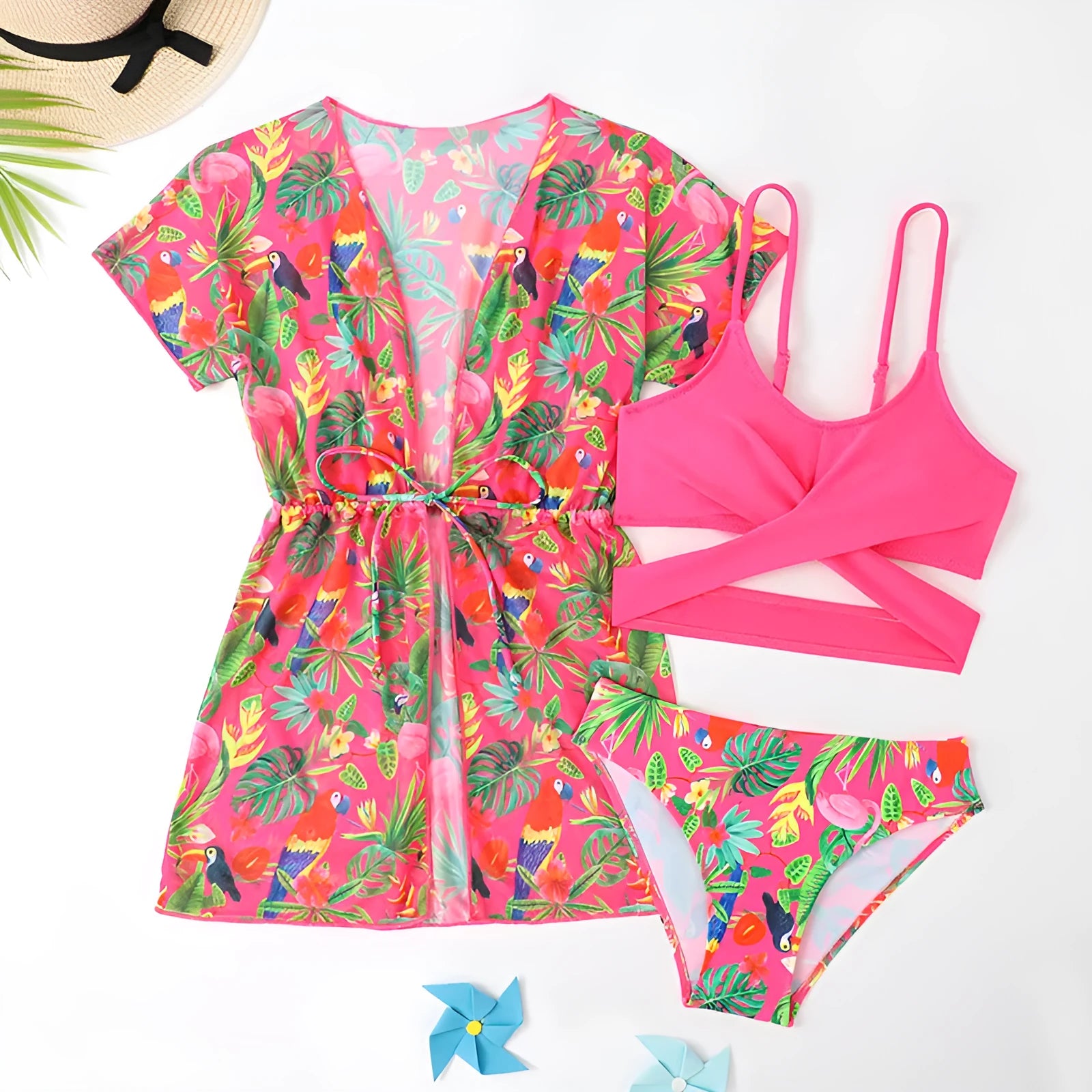 Girls floral split overclothes swimsuit bikini set in picture colour