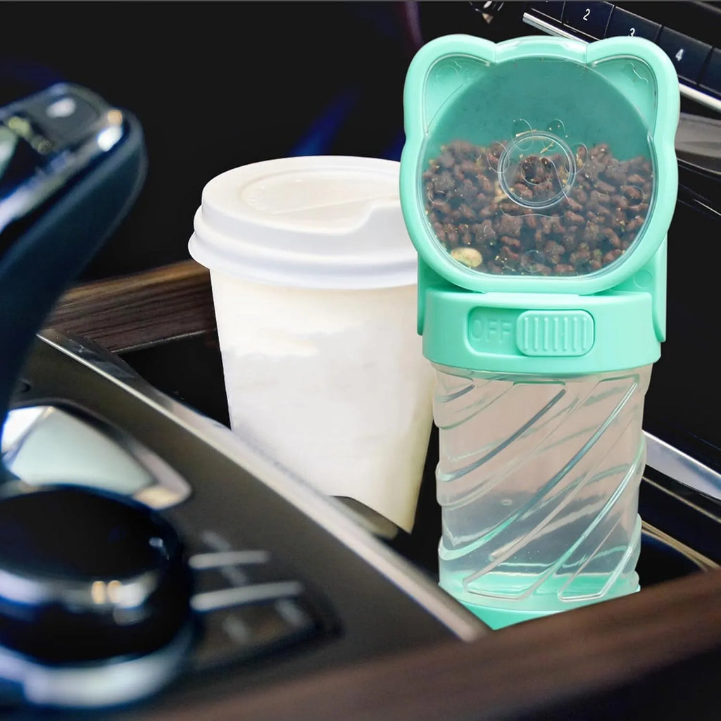 3-in-1 portable pet water bottle with food container and waste bag dispenser in green pink white colours