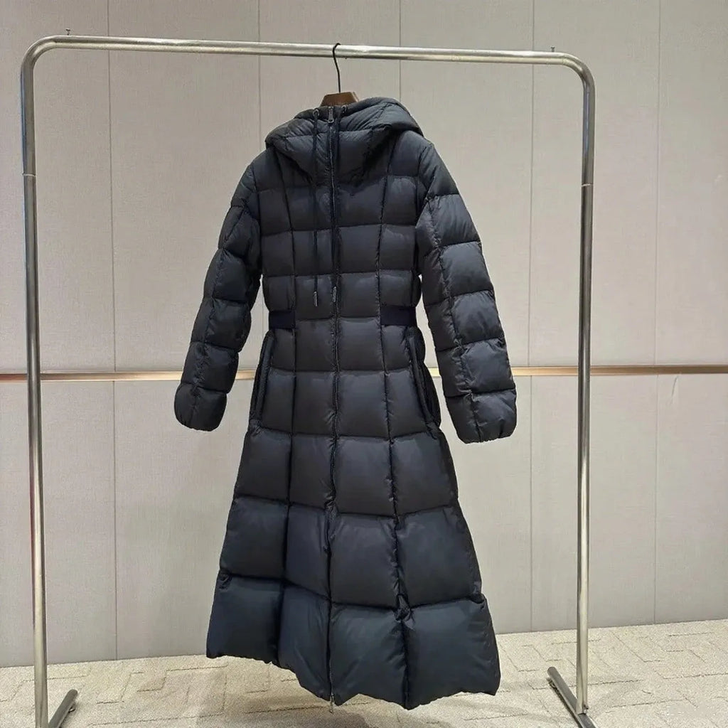 Women's long black hooded down jacket with 65cm medium length and A-line shape