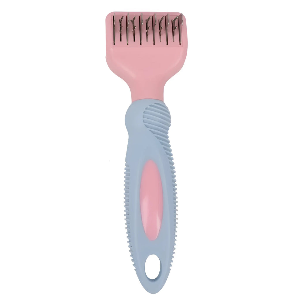 Pink stainless steel dog comb and brush tool with a knot knife edge for pet grooming.