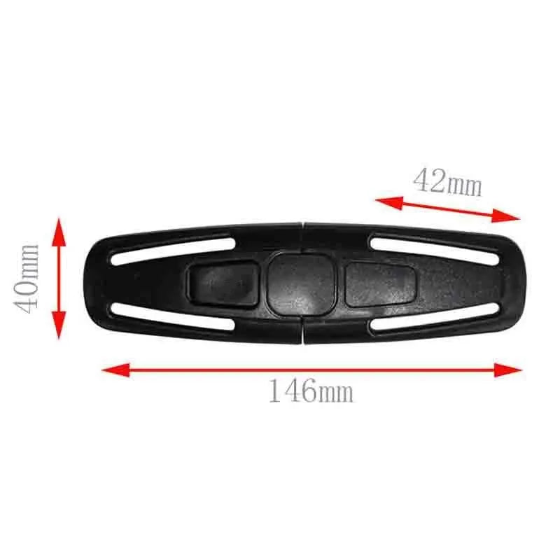 Black nylon seat belt buckle clip for 5-point child car seat harnesses, measuring 14.5cm long.